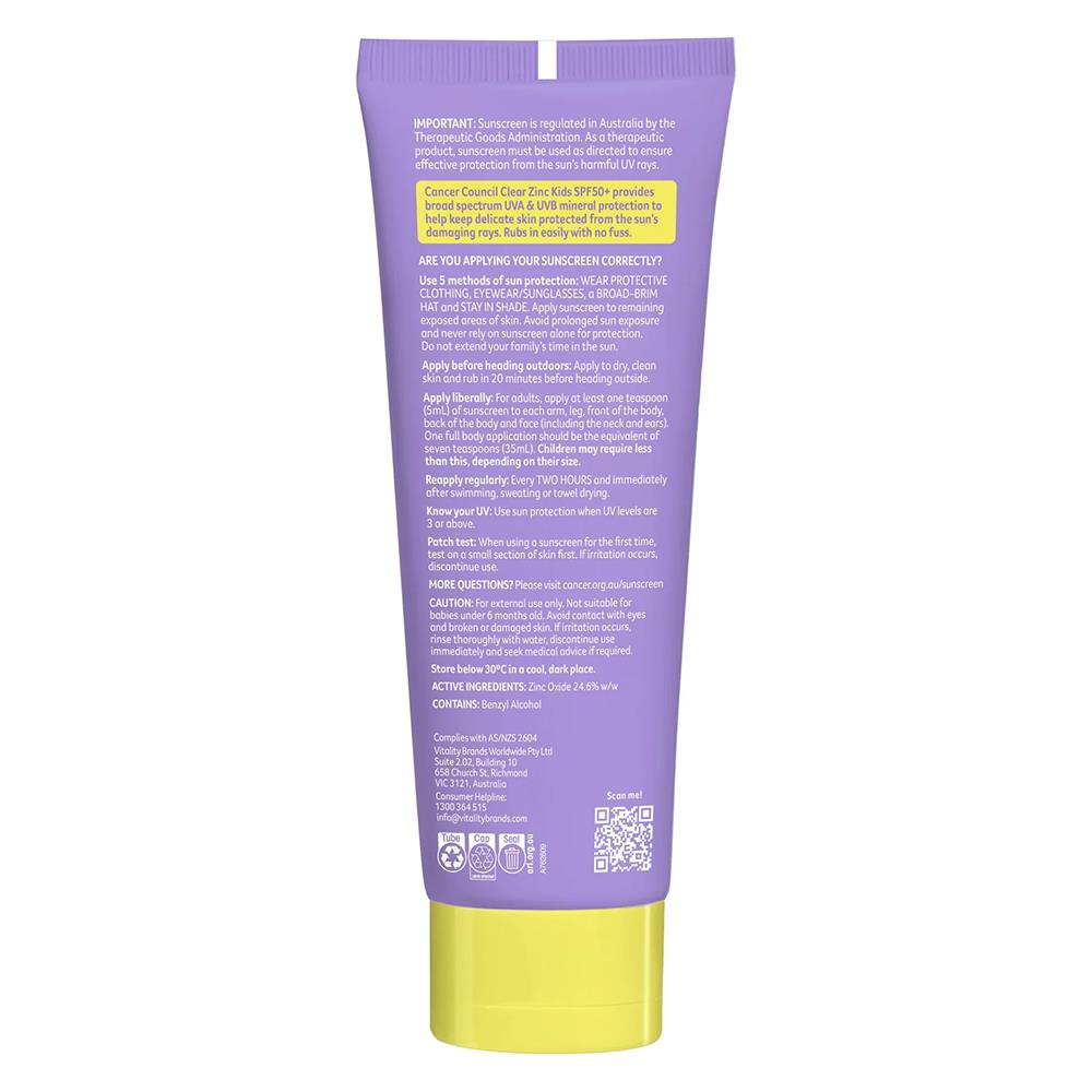 Cancer Council SPF50+ Clear Zinc Kids Sunscreen Çocuklar için Güneş Kremi 110Gr