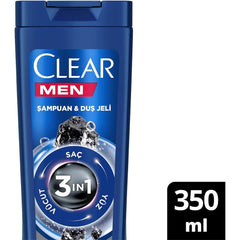 Clear Men 3in1 Şampuan & Duş Jeli Arındırıcı Kömür Saç Yüz Vücut için 350ML