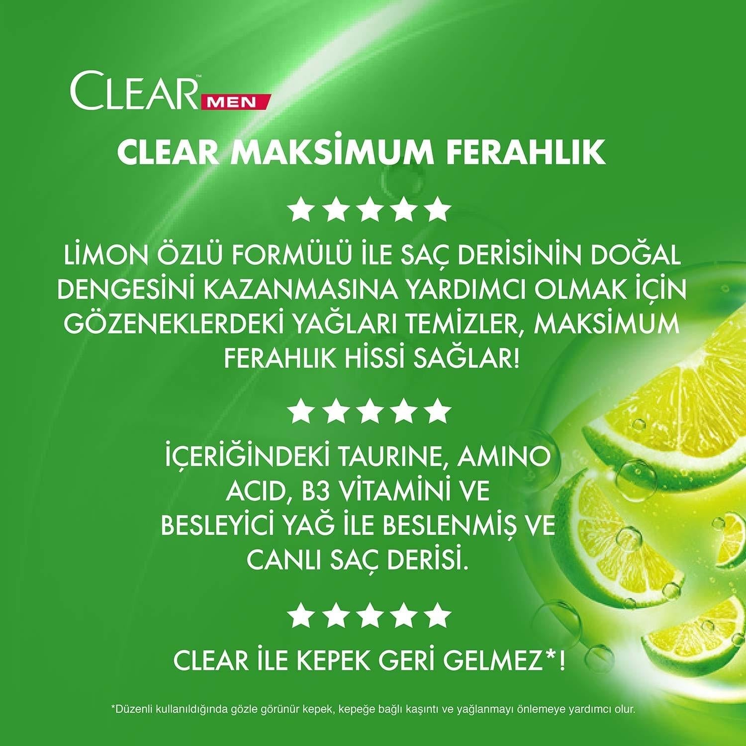 Clear Men Limon Özlü Yağlı Saç Derisi İçin Kepeğe Karşı Etkili Şampuan 350ML