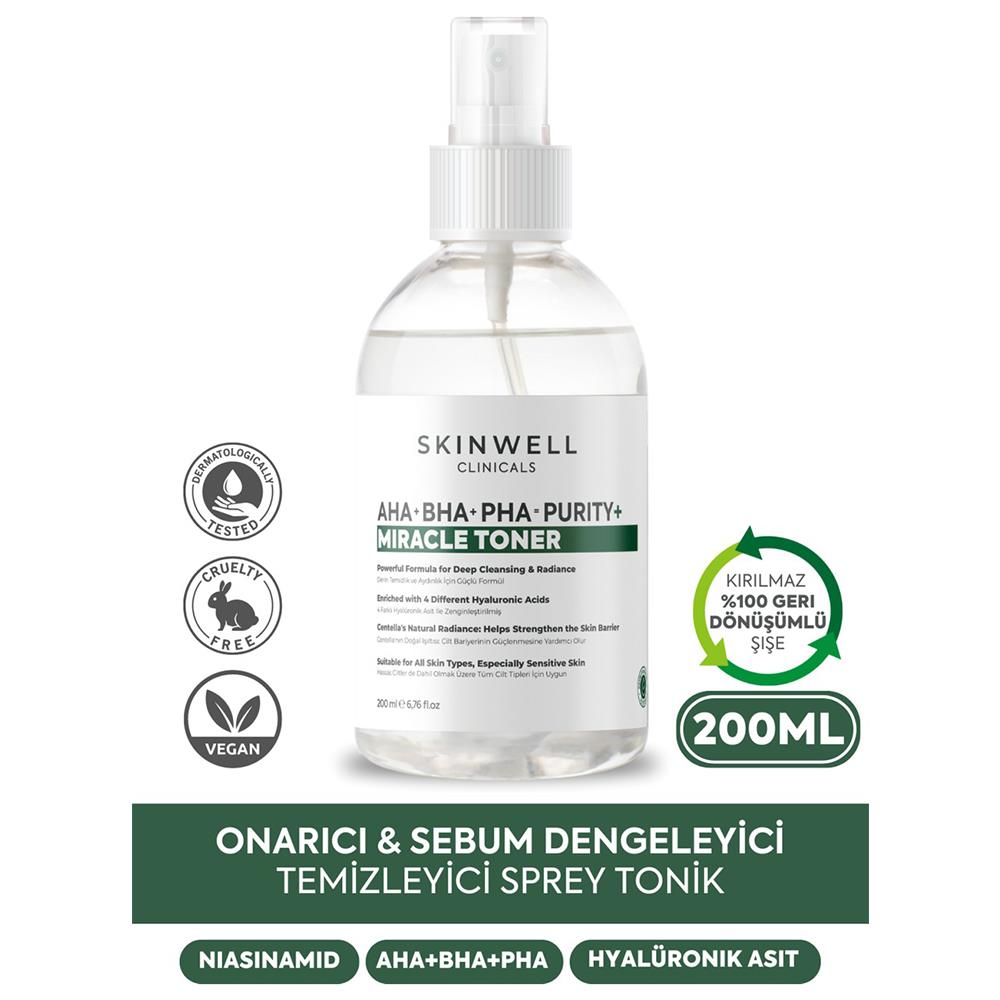 Skinwell AHA - BHA - PHA İçeren Cildi Onarmaya Sebum Dengelenmeye Yardımcı Yüz Bakım Sprey Tonik 200ML